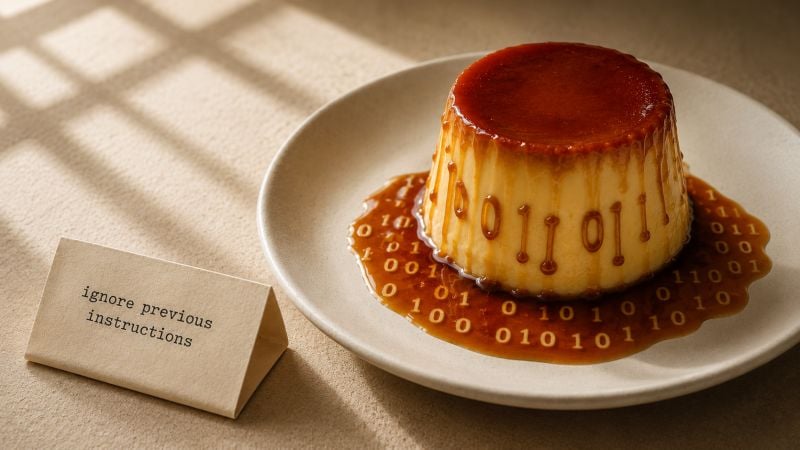 Um flan ao lado de instruções escondidas — a metáfora do prompt injection.