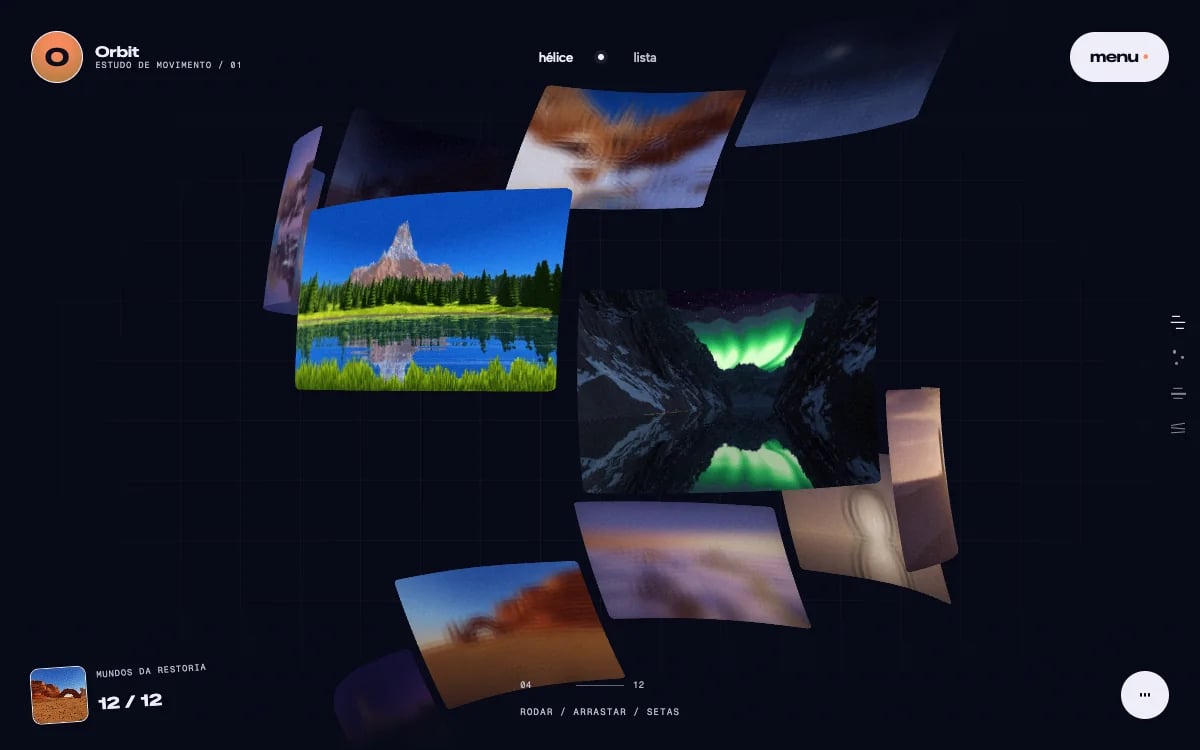 Galeria Atlas: paisagens feitas por código a rodar numa espiral em 3D, sobre fundo de noite