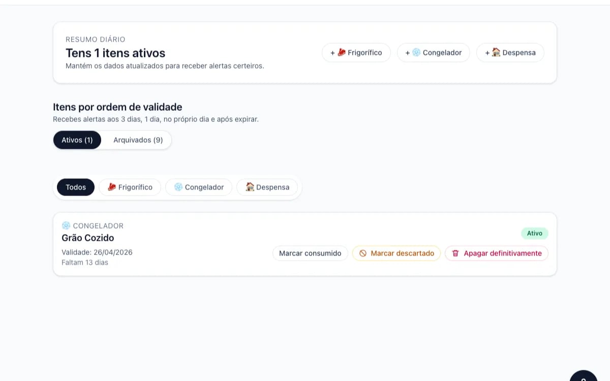 Lista de itens do Validade Alertas por ordem de validade, com filtros por frigorífico, congelador e despensa