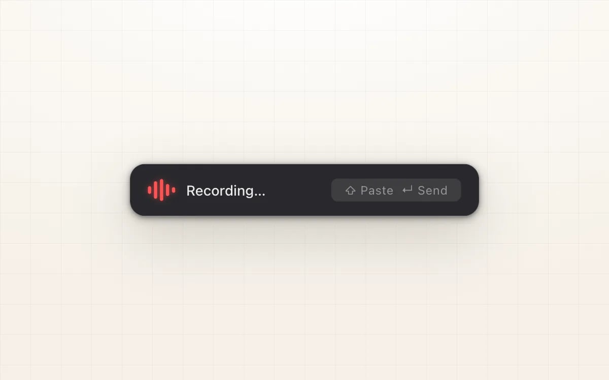 A pilha flutuante do VoxTapp a gravar — onda vermelha, “Recording…” e os atalhos Paste e Send
