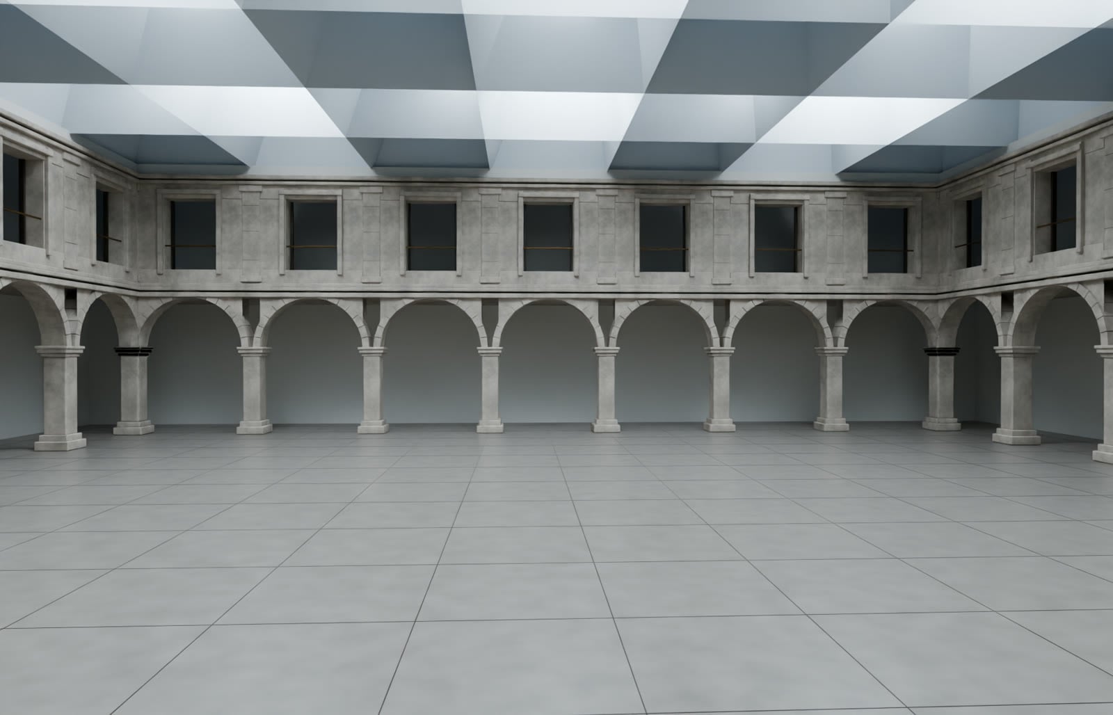 O claustro vazio, com luz de dia